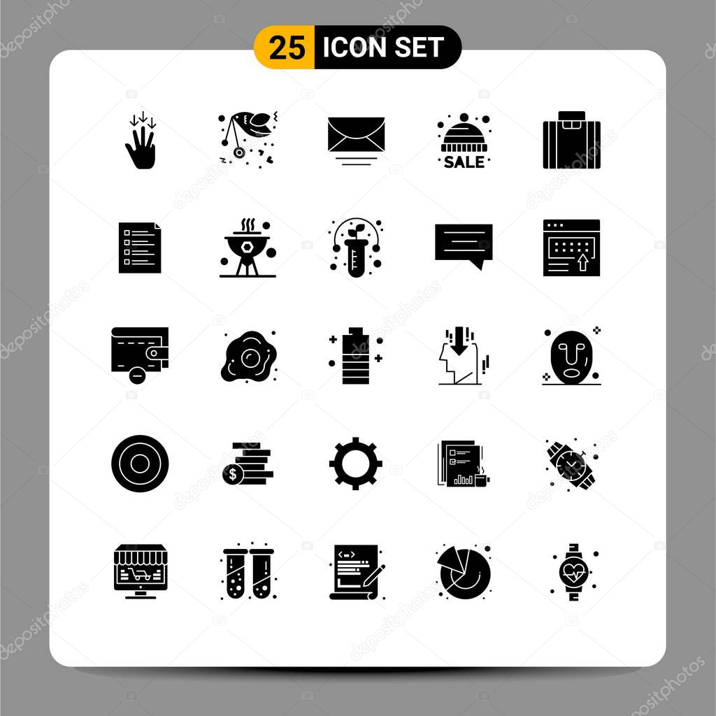 Solid Glyph Pack of 25 Universal Symbols of briefcase, winter, romance, hat, global Editable Vector Design Elements
