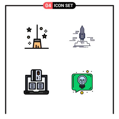 Süpürge, bankacılık, cadı süpürgesi, uygulama, finansal Düzenleyici Tasarım Elementleri için 4 Satır İşareti ve Sembollerinden oluşan Stock Vektör Simgesi Paketi