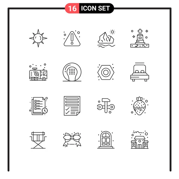 Mobile Interface Outline Set Pictograms Fire Car Ice Tomb Funeral — Vector de stock