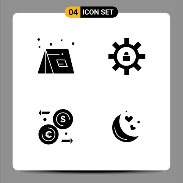 Mobile Interface Solid Gyph Set Pictograms Camp Dollar Tent Setting — Vector de stock