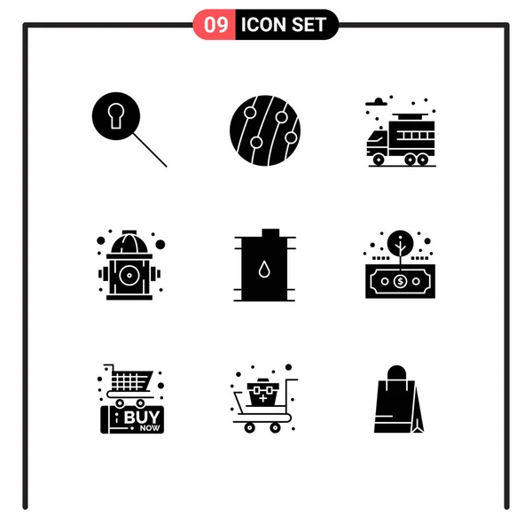 Set Commercial Solid Glyphs Pack Oil Business City Barrel Hydrant — Archivo Imágenes Vectoriales
