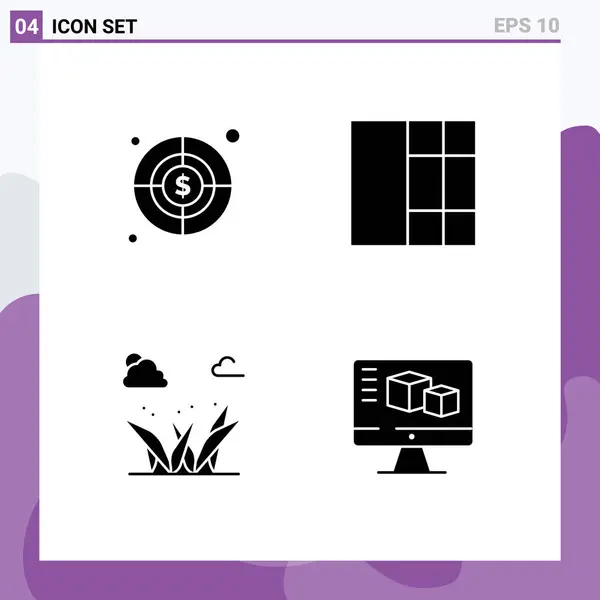 Pictogram Set Van Eenvoudige Solid Glyphs Business Computer Grid Grassen — Stockvector