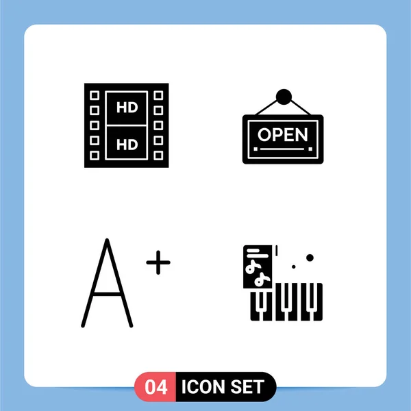 Webおよびモバイルアプリケーション用に設定された4つのユニバーサルソリッドグリフフィルム マルチメディア ボード 楽器編集可能なベクトルデザイン要素 — ストックベクタ
