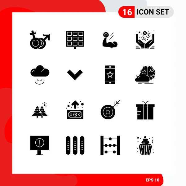 Solid Glyph Pack Van Universele Symbolen Van Wolk Geld Biceps — Stockvector