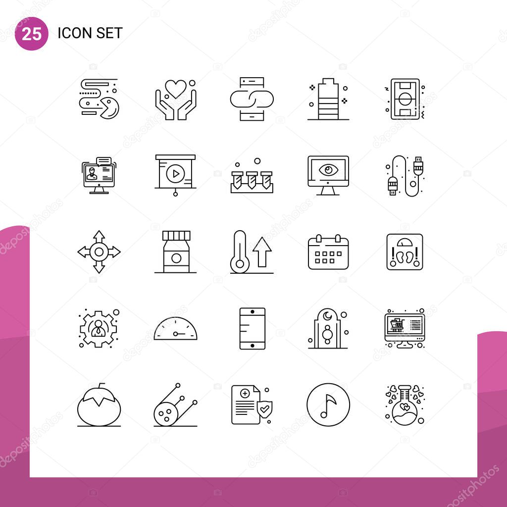 Editable Vector Line Pack of 25 Simple Lines of power, energy, contact, charging, mobile Editable Vector Design Elements