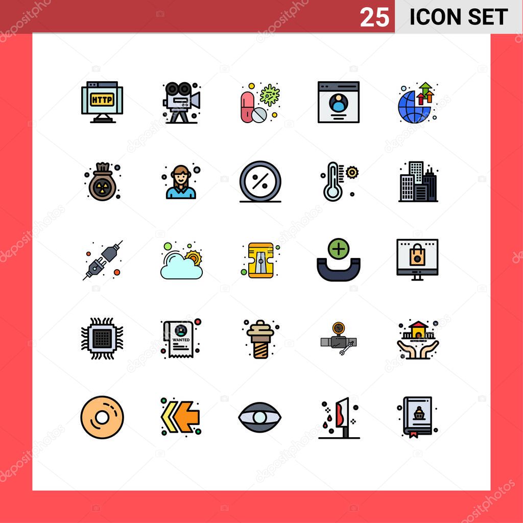 Modern Set of 25 Filled line Flat Colors Pictograph of user, interface, paint, communication, medical Editable Vector Design Elements