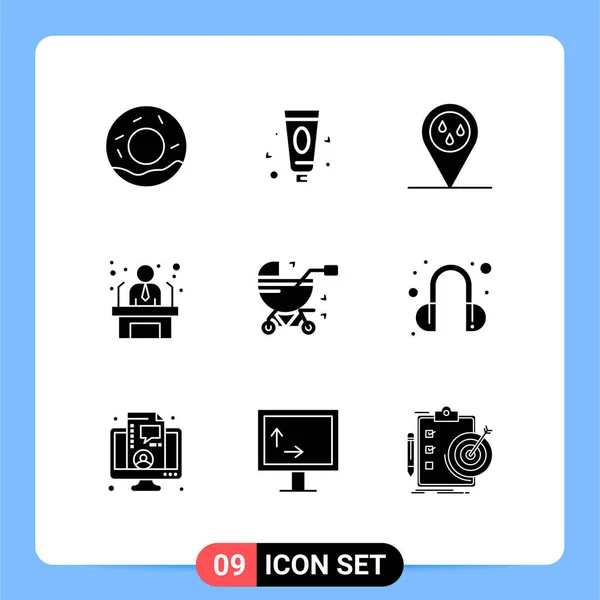 Set Vector Solid Glyphs Grid Headset Buggy Weather Baby Business — Vector de stock