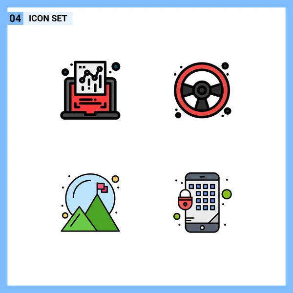 Pictogram Set Van Eenvoudige Filledline Platte Kleuren Van Grafiek Prestatie — Stockvector