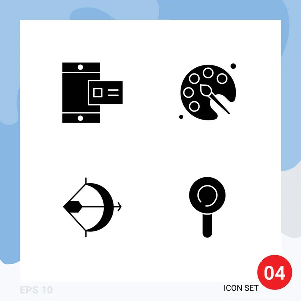 モバイル アーチェリー プロフィール 弓などのWeb印刷メディアのための4つの現代的なソリッドグリフ記号とシンボルのパック編集可能なベクトルデザイン要素 — ストックベクタ