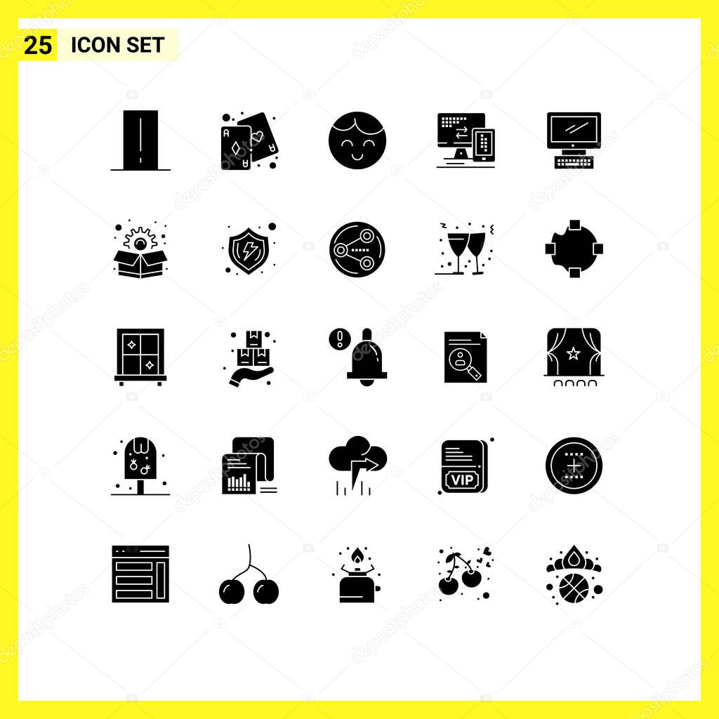 Universal Icon Symbols Group of 25 Modern Solid Glyphs of monitor, cell, play, mobile, computer Editable Vector Design Elements