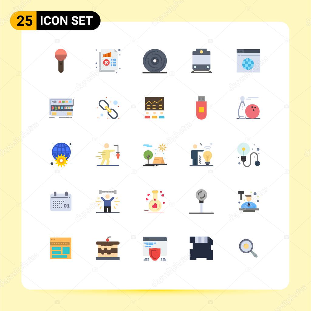 Group of 25 Flat Colors Signs and Symbols for internet, railway, monitoring, new, happy Editable Vector Design Elements