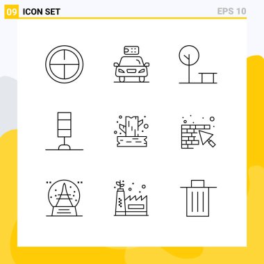 9 Özet Çizgisi Modern Kümesi Ağaç, dal, şehir, ışık, İçsel Düzenlenebilir Vektör Tasarım Elementleri