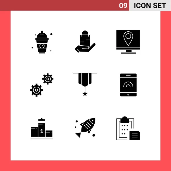 Solid Glyphs Pictograph Badge Gears Hand Control Information Editable Vector — 스톡 벡터