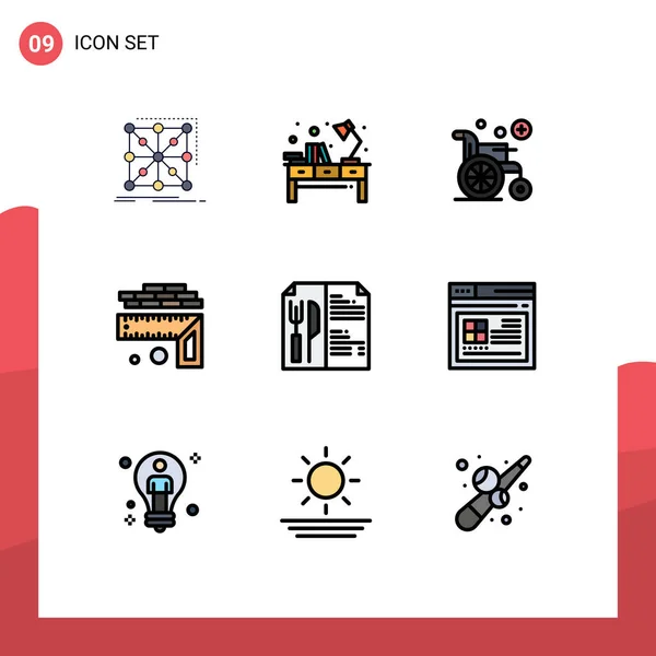 9 Universal Filledline Flat Color Signs Symbols of food, level, office, height, wheel chair Editable Vector Design Elements — Stock Illustration Universal Filledline Flat Color Signs Symbols Food Level Office Height Stock Illustration