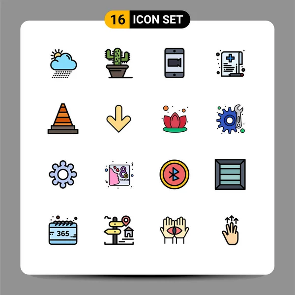 16フラットカラーウェブサイトのためのラインコンセプトモバイルとアプリのシグナリング コーン ビデオ ドキュメント 病院編集可能なクリエイティブベクトルデザイン要素 — ストックベクタ