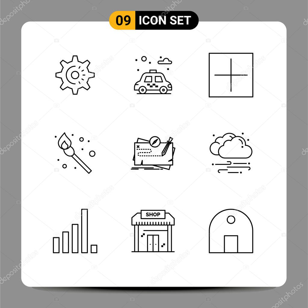 Group of 9 Modern Outlines Set for quest, map, new, game, fire Editable Vector Design Elements