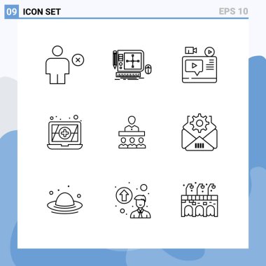 Takım, antivirüs, yazılım, öğretici, blog Düzenlenebilir Vektör Tasarım Elemanları için 9 Özet İşaretleri ve Sembolden oluşan bir grup