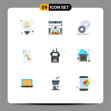 9 Evrensel veri, analitik, tiyatro, denetim, yazılım düzenlenebilir vektör tasarım elementlerinden oluşan düz renk paketi
