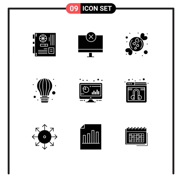 Csoport Modern Solid Glyphs Set Hot Air Ballon Hardver Levegő — Stock Vector