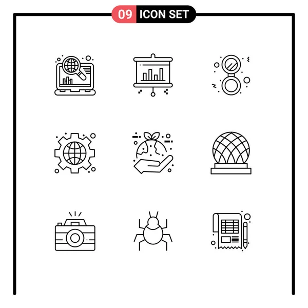 Set Icone Moderne Simboli Segni Eco Impianto Marca Globo Interfaccia — Vettoriale Stock