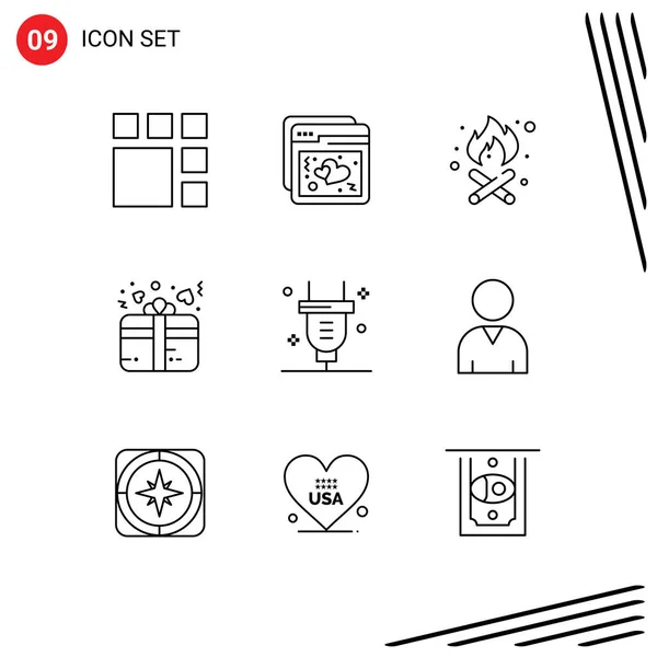 Universal Icon Symbols Group Modern Outlines Switch Plug Camping Heart — 스톡 벡터