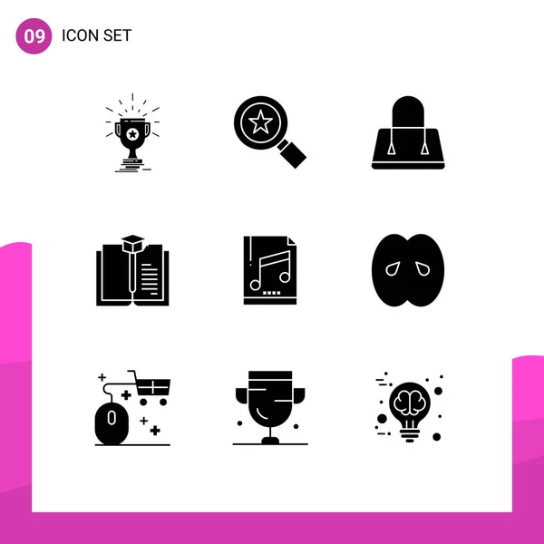 Set Commercial Solid Glyphs Pack Sample Computer Bag Audio Book — Stock Vector