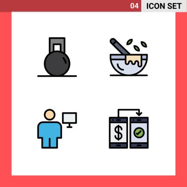 4 Evrensel Filledline Düz Renk İşaretleri Fitness, vücut, ağırlık, mutfak gereçleri, İnsan Düzenlenebilir Vektör Tasarım Elemanları