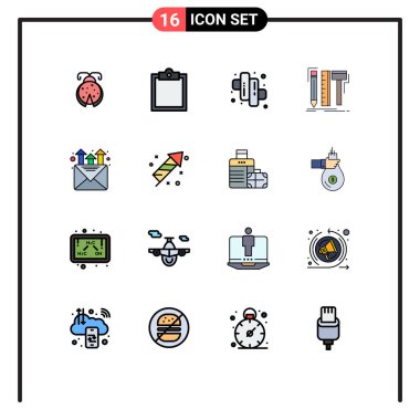 16 Kullanıcı Arayüzü Düz Renk Satır Paketi Modern İşaretler ve Semboller Terfi, posta, şeker, kalem, dijital Düzenleyici Tasarım Elemanları