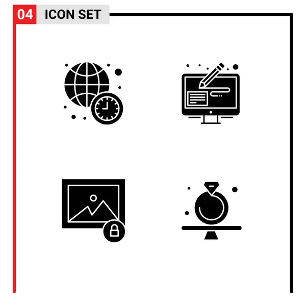 Webおよびモバイルアプリケーション用に設定された4つのユニバーサルソリッドグリフクロック ロック ワールドニュース グラフィック 現在の編集可能なベクトルデザイン要素 — ストックベクタ