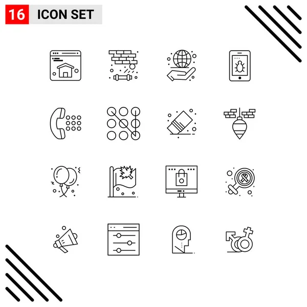 Pictogram Set Van Eenvoudige Contouren Van Telefoon Oproep Globe Apps — Stockvector