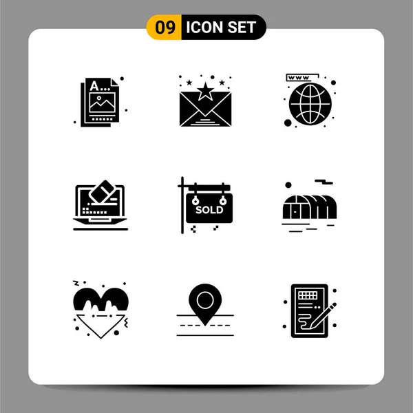 Set Commercial Solid Glyphs Pack Sign Screen Network Tool Laptop — Stock Vector