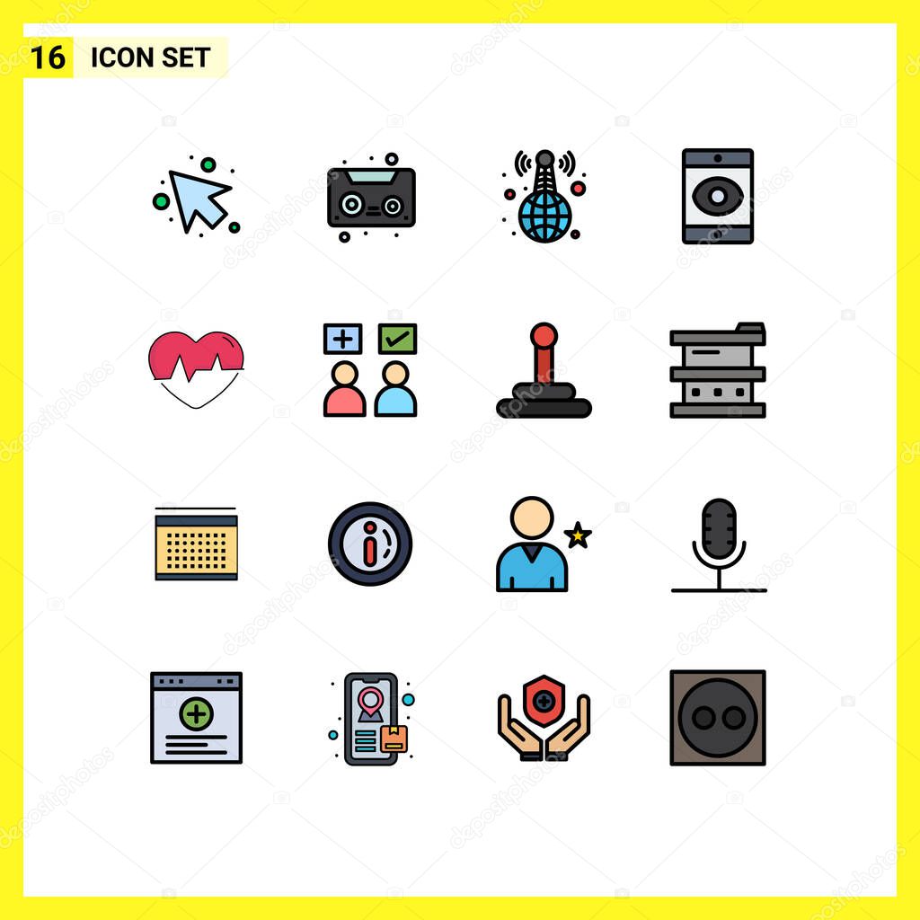 Mobile Interface Flat Color Filled Line Set of 16 Pictograms of beat, heartbeat, live, heart, virus Editable Creative Vector Design Elements
