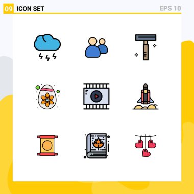 Modern 9 Filledline Düz Renkler Kümesi ve video uygulaması, film düzenleme, güzellik, yumurta, dekorasyon Düzenleme Vektör Tasarım Elementleri gibi semboller