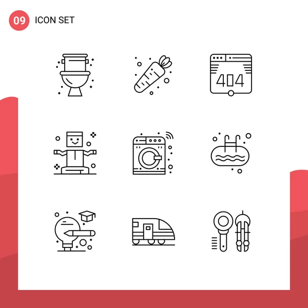 9ユーザーインターフェイスの概要現代的な記号と洗濯機 エラー 浮遊のシンボルのパック編集可能なベクトルデザイン要素 — ストックベクタ