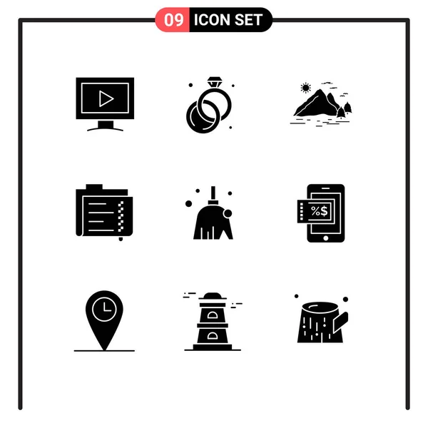 Modern Set Solid Glyphs Symbols Broom File Hill Document Archive — Stock Vector