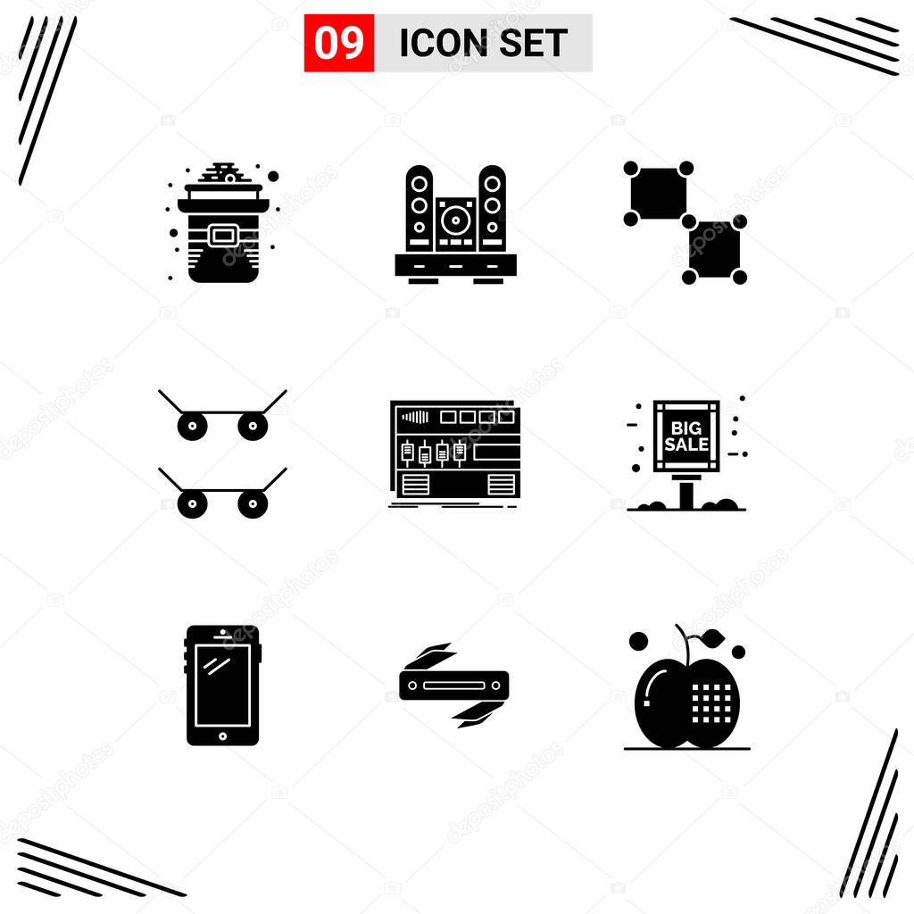 Group of 9 Solid Glyphs Signs and Symbols for module, audio, speaker, sport, space Editable Vector Design Elements
