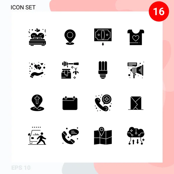 Mobile Interface Solid Glyph Set Pictogramas Amor Dinheiro Pin Finanças — Vetor de Stock