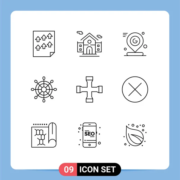 Mobile Interface Outline Set Pictograms Cross Wrench Wheel Google Marine — Vector de stock