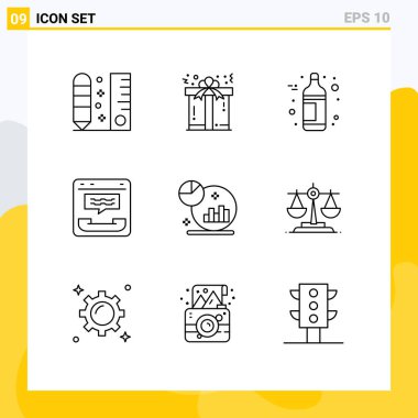 Analiz, temas, sevgi, iletişim, Düzenlenebilir Vektör Tasarım Elementleri gibi 9 Özet ve sembolden oluşan modern küme