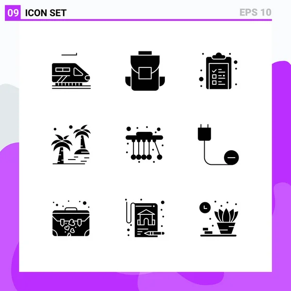 Set Commercial Solid Glyphs Pack Physics Arecaceae Check List Beach — Vector de stock