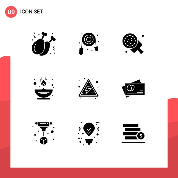 Mobile Interface Solid Gyph Set Pictograms Alert Lamp Baking Flame — Vector de stock