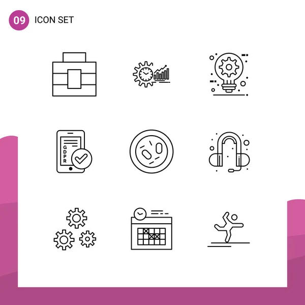 Mobile Interface Outline Set Pictograms Secure Gdpr Time Idea Creative — Stock Vector