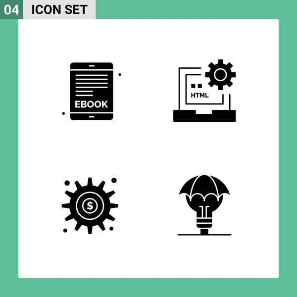 Colección Imágenes Glifo Sólido Simple Ebook Engranajes Código Desarrollo Dinero — Vector de stock