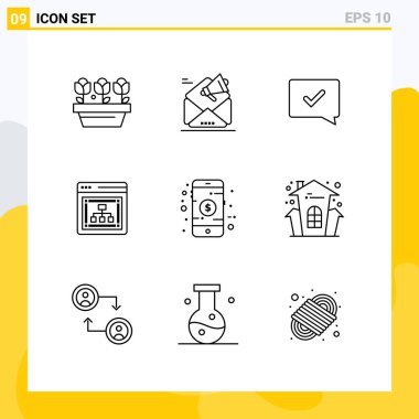 Mobil, web, promosyon, seo, başarı Düzenlenebilir Vektör Tasarım Elemanları için Izgara üzerinde 9 Vektör Özeti kümesi