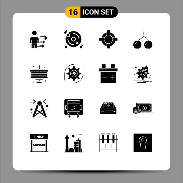 Modern Set Solid Glyphs Pictograph Gear Celebration Help Cake Cherry - Stok Vektor