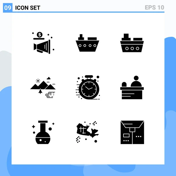 Mobile Interface Solid Glyph Set Pictograms Cashier Clock Mountains Business — Stock Vector