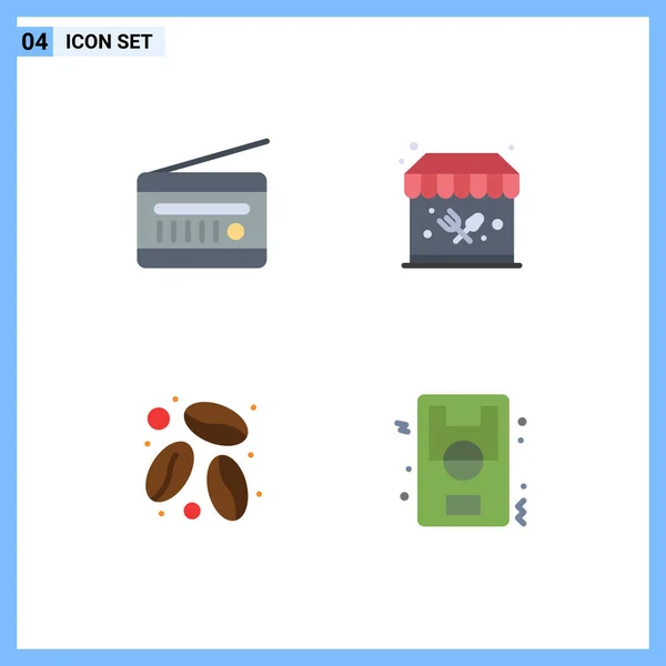 Grupo Flat Icons Sinais Símbolos Para Transmissão Áudio Café Receptor — Vetor de Stock