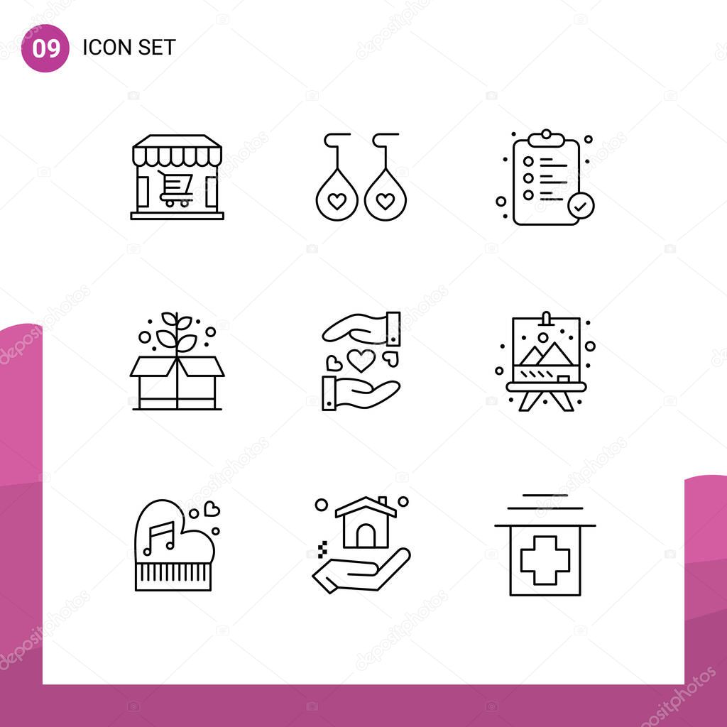 Universal Icon Symbols Group of 9 Modern Outlines of wedding, sharing, medical, love, green Editable Vector Design Elements