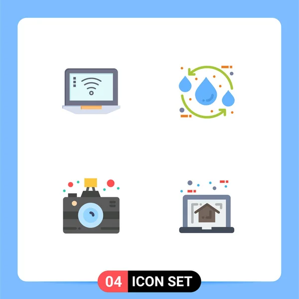 Grupa Płaskich Ikon Znaki Symbole Dla Laptopa Aparat Fotograficzny Wifi — Wektor stockowy