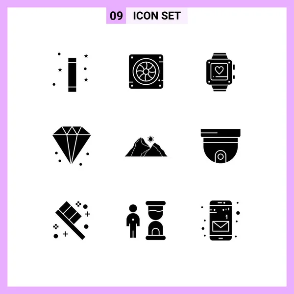 Set Commercial Solid Glyphs Pack Hill Finance Air Diamond Wedding — Stock Vector